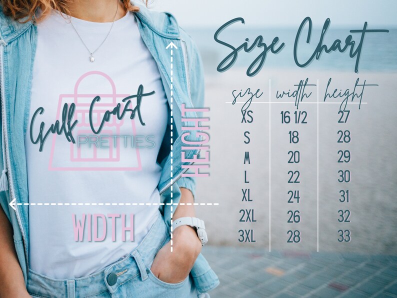 May include: Size chart for a white t-shirt with the text "Gulf Coast Pretties" and a pink shopping bag graphic. The chart shows sizes XS through 3XL with corresponding width and height measurements in inches.