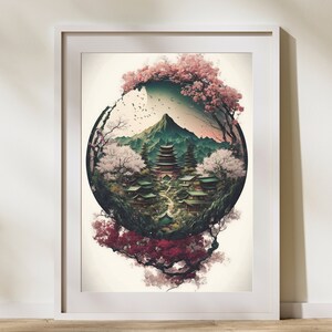 Japanese Wall Art Printable Landscape Prints, Japanese Landscape Painting, Printable Wall Artwork, Digital Art Download, Mandala Style