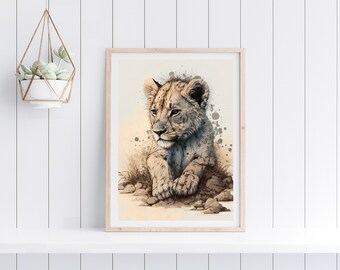 Grafika do pokoju dziecięcego „Mały lew” | Wystrój domu Savanna (pobranie cyfrowe)