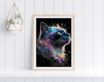 Colorful Cat Portrait Art Print, Bright Wall Decor (Digital Download)