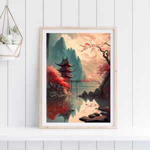 Japanese Wall Art Printable Landscape Digital Art Print Cherry Blossom Lake Print Digital Download Home Decor