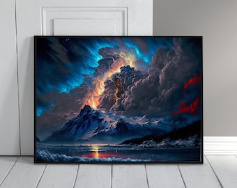 Puede incluir: Una impresión artística enmarcada que representa un paisaje dramático. La obra presenta una cordillera con picos nevados, una masa de agua y un cielo vibrante lleno de nubes arremolinadas en tonos de azul, naranja y rojo. La impresión está en un marco negro.