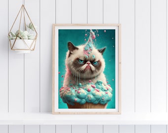 Grumpy Cat Cupcake Print | Funny Cat Meme Art (Digital Download)