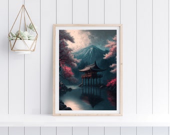 May include: A framed print of a Japanese-style temple with a red roof, surrounded by trees with pink blossoms, set against a backdrop of a mountain and a lake. The scene is painted in a dark, moody style.
