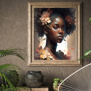 Druckbare Wand Kunst Afroamerikaner Frau Porträt Mit Blumen Digitale Kunst Sofortiger Download Moderne Wohnkultur Schwarzes Mädchen Drucke