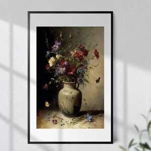 Vintage Wildflowers In A Vase Print Wall Art, Vintage Floral Printable Home Decor Still Life Flowers Painting with Butterflies
