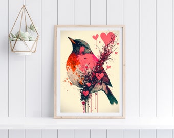 Stampa acquerello a forma di cuore di Robin - Regalo di San Valentino (download digitale)