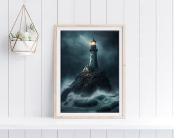 Stormy Seaside Lighthouse Art | Impressionistic Oil Painting (Digital Download)