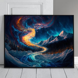 Nordlichter Landschaft Digitaler Kunstdruck, Stürmischer Himmel Landschaft Kunstwerk, druckbare Wandkunst, digitaler Download, digitale Kunst, hohe Qualität # 2