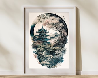 Japanische Wandkunst druckbare Landschaftsdrucke, japanische Landschaftsmalerei, druckbare Wandkunst, digitaler Kunst Download, Mandala-Stil