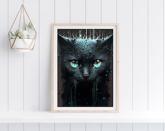 Black Cat Portrait, Minimalist Pet Art Print (Digital Download)