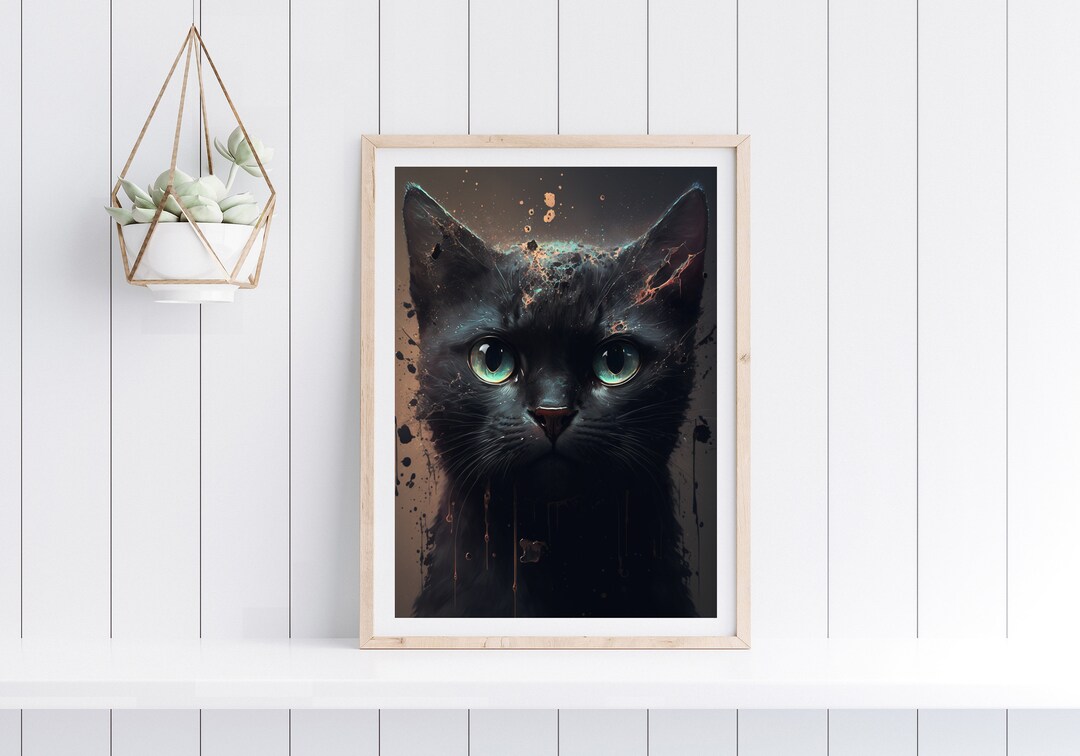 Black Cat Portrait Art Print, Minimalist Kitten Wall Decor (digital ...