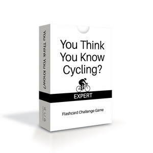 May include: A white flashcard game box with the text "You Think You Know Cycling?" and a cyclist graphic. The box also says "EXPERT" and "Flashcard Challenge Game". The side of the box reads "You Think You Know?" and "ACP".