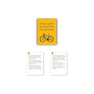 Op de afbeelding: Een quizspel over de Tour de France. Het spel bevat een gele kaart met een fietsillustratie en tekst. Twee extra kaarten tonen quizvragen en antwoorden over de Tour de France.