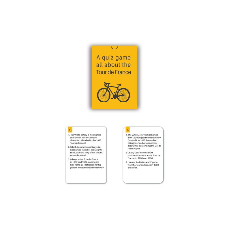 Op de afbeelding: Een quizspel over de Tour de France. Het spel bevat een gele kaart met een fietsillustratie en tekst. Twee extra kaarten tonen quizvragen en antwoorden over de Tour de France.