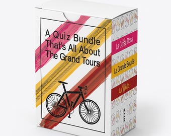 Bundel Grand Tour-fietsquiz: kaartspel met 3 kaarten voor fietsfans, 468 trivia-vragen over de Giro d'Italia, de Tour de France en de Vuelta a España.