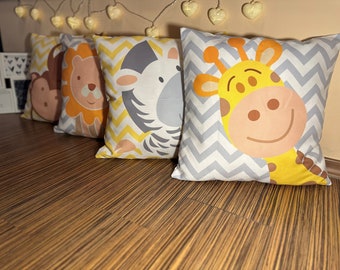 Set of 4 Animal Figures Kids Room Decorative Pillowcases, Lion Giraffe Zebra Monkey Figure Pillow Cover, Birthday Gift, Kids Room Decor
