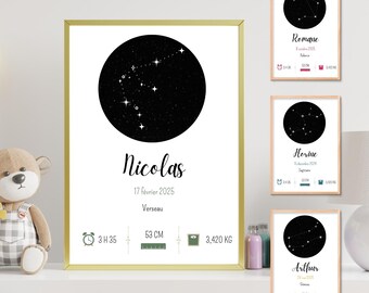 Personalized birth announcement poster – Constellation astrological sign – First name, date, time, height and weight – Digital file for download