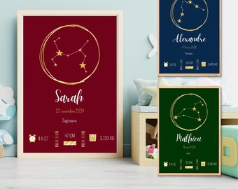 Personalized birth announcement poster – Constellation astrological sign 2 – First name, date, time, height and weight – Digital file for download