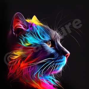 Cat portrait flowing neon colors pop art printable wall decor wallpaper pet multicoloured black background abstract fantasy