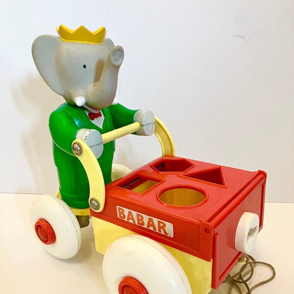 Vintage Babar Elephant Pull Along Car by Educalux. Shape Matching Educational Learning Toy. 1990s Made in France. Christmas Gift for Toddler