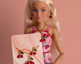 Handmade Cherry Jewelry Set for Barbie Doll – Necklace, Bracelet & Earrings (1:6 Scale)