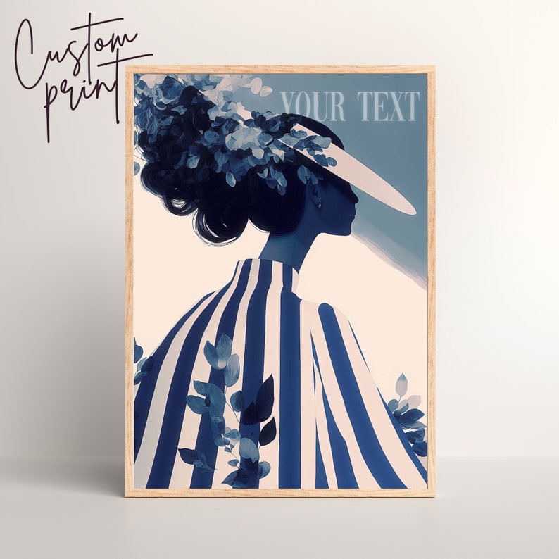 May include: A blue and white striped illustration of a woman wearing a large hat with blue floral accents. The background is a light blue and pink gradient with the text "YOUR TEXT" in white.