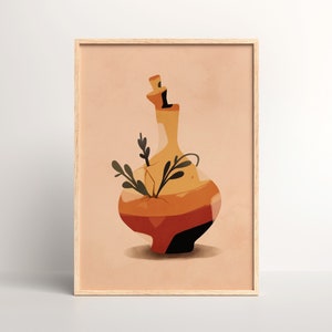 Peut inclure: Une illustration stylisée d'un vase orange et brun fissuré avec des feuilles vertes qui en sortent. Le vase est posé sur un fond pêche clair.
