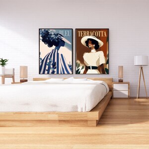 vogue print digital.
Image featuring two illustrations with text that can be customized.
Monochrome illustration of a woman with long wispy strands wearing high fashion striped clothing.
Terracotta illustration of a woman wearing a wavy vintage hat