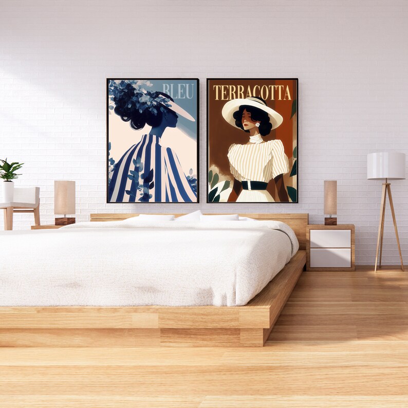 vogue print digital.
Image featuring two illustrations with text that can be customized.
Monochrome illustration of a woman with long wispy strands wearing high fashion striped clothing.
Terracotta illustration of a woman wearing a wavy vintage hat