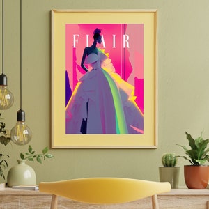 May include: A framed print of a magazine cover featuring a woman in a pink and purple dress with the word "FLAIR" in large letters.