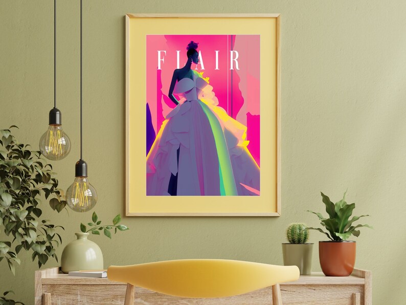 May include: A framed print of a magazine cover featuring a woman in a pink and purple dress with the word "FLAIR" in large letters.