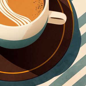 May include: A close-up of a white coffee cup with a brown coffee drink and a swirl of cream on top. The cup is sitting on a brown saucer with a gold rim. The saucer is on a striped blue and white surface.