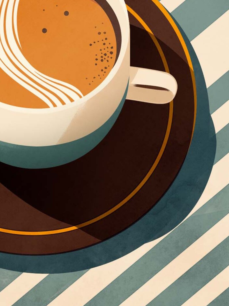 May include: A close-up of a white coffee cup with a brown coffee drink and a swirl of cream on top. The cup is sitting on a brown saucer with a gold rim. The saucer is on a striped blue and white surface.