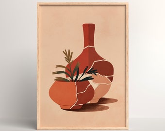 Pot fissuré en terre cuite Duo | Art mural numérique | Art marocain | Imprimé bohème en terre cuite | Décoration murale bohème | Idée déco marocaine | Cadeau pour elle