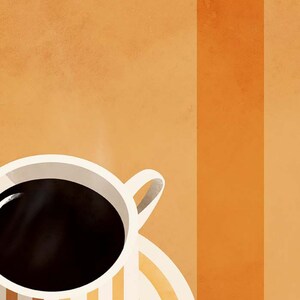 Puede incluir: Primer plano de una taza de caf&eacute; con vapor saliendo de ella. La taza es blanca con rayas naranja y blancas y est&aacute; sobre un platillo a juego.