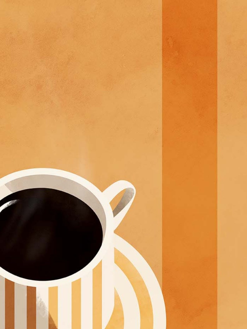 Puede incluir: Primer plano de una taza de caf&eacute; con vapor saliendo de ella. La taza es blanca con rayas naranja y blancas y est&aacute; sobre un platillo a juego.