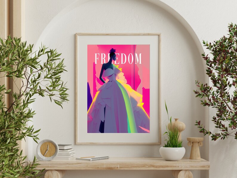May include: A framed poster with a colorful illustration of a woman in a white dress. The text "FREEDOM" is printed in bold letters at the top of the poster.