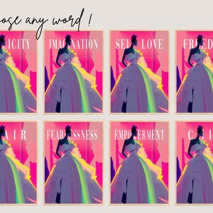 May include: Eight colorful posters with a silhouette of a person wearing a white dress and the words "Simplicity", "Imagination", "Self Love", "Freedom", "Flair", "Fearlessness", "Empowerment", and "Chic" in white text.