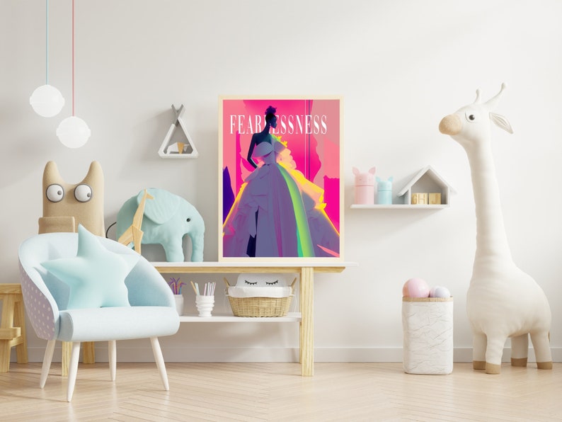 May include: A colorful illustration of a woman in a dress with the word "Fearlessness" printed above her. The illustration is framed and hanging on a white wall in a child's room.