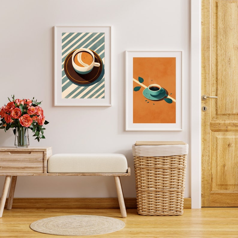 May include: Two framed illustrations of coffee cups. The first illustration is a blue and white striped background with a coffee cup with a swirl of cream on top. The second illustration is a light orange background with a coffee cup on a green saucer with a green leaf.