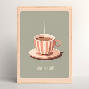 Arte de pared digital de café rubor a rayas / Decoración de pared de café vintage / Cartel de café verde musgo / Arte de café de mediados de siglo / Regalo para amantes del café