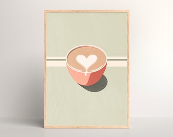 May include: A pink coffee cup with a heart-shaped design in the foam on top of the coffee. The cup is on a light green background with a white stripe.
