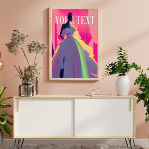 May include: A framed poster with a colorful abstract design featuring a woman in a white dress. The poster is hanging on a light pink wall above a white cabinet with wooden accents.