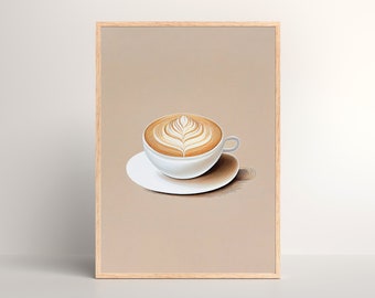 Può includere: Una tazza da caffè in ceramica bianca con un disegno di latte art marrone in cima, appoggiata su un piattino bianco. La tazza e il piattino sono su uno sfondo beige.