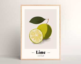 Minimalist Lime Fruit Digital Print | Watercolor Lime Wall Art | French Fruit Name Print | Citrus Fruit Illustration | Kitchen Wall Decor