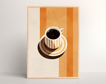 May include: A white coffee cup with brown stripes and a saucer, filled with black coffee, on a background of orange and white stripes.