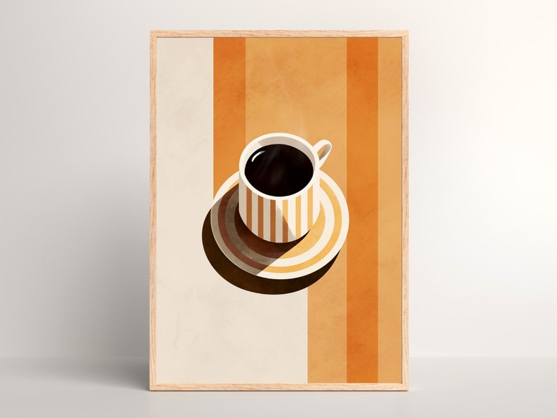 Puede incluir: Una taza de caf&eacute; blanca con rayas marrones y un platillo, llena de caf&eacute; negro, sobre un fondo de rayas naranjas y blancas.