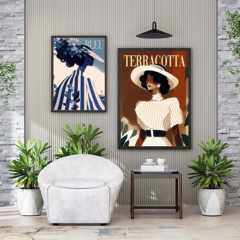 vogue print digital.
Image featuring two illustrations with text that can be customized.
Monochrome illustration of a woman with long wispy strands wearing high fashion striped clothing.
Terracotta illustration of a woman wearing a wavy vintage hat