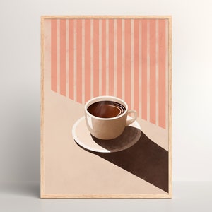 Arte de pared digital de café de rayas rosas / arte de pared imprimible / impresión retro espresso / cartel de café vintage / decoración boho / regalo amante del café